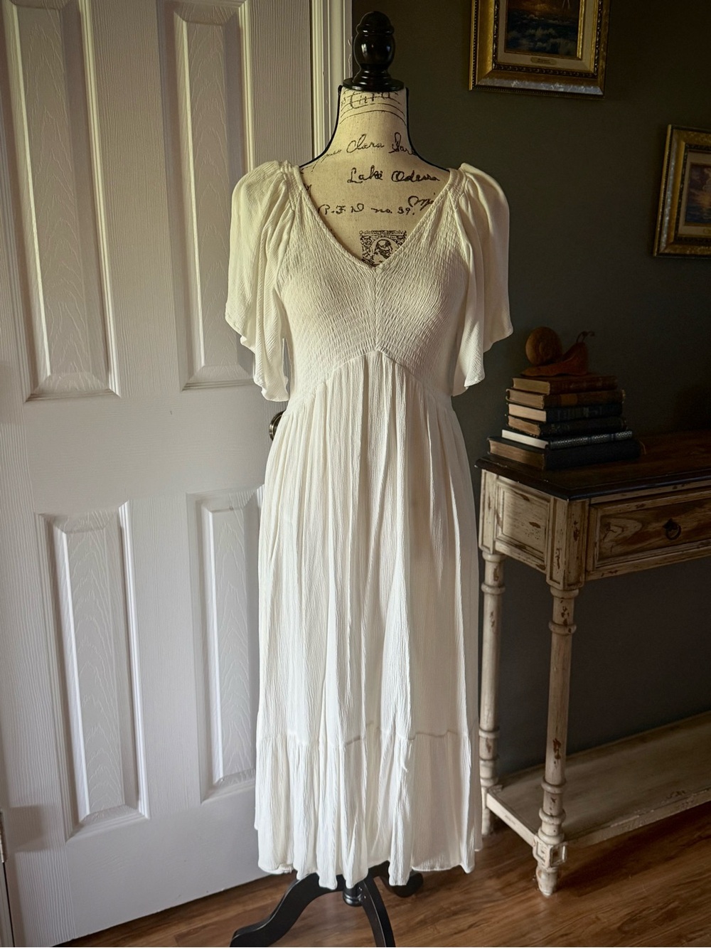 White Flutter-Sleeve Midi Dress